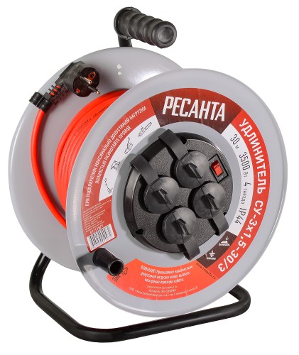 Удлинитель на катушке Ресанта СУ-3х1,5-30/3 силовой, металлич. катушка (с выкл., 4 розетки) 61/118/7