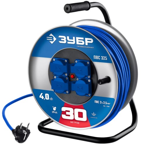 Удлинитель силовой на стальной катушке ЗУБР 55102-30 ПВС 325 3х2.5 30м, 4000вт IP44