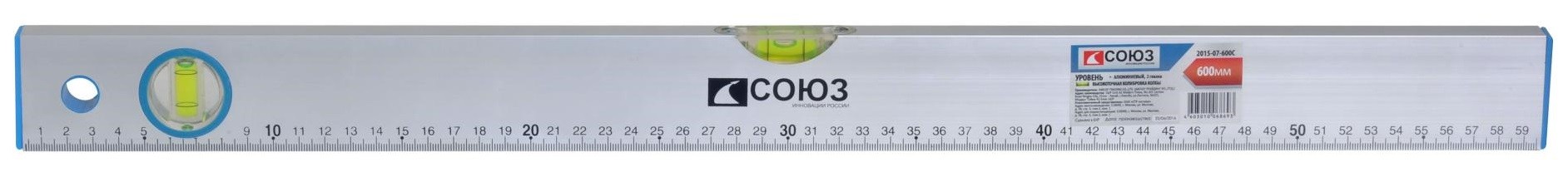 Уровень строительный СОЮЗ 2015-07-600С алюминиевый 600мм, 2 глазка, линейка
