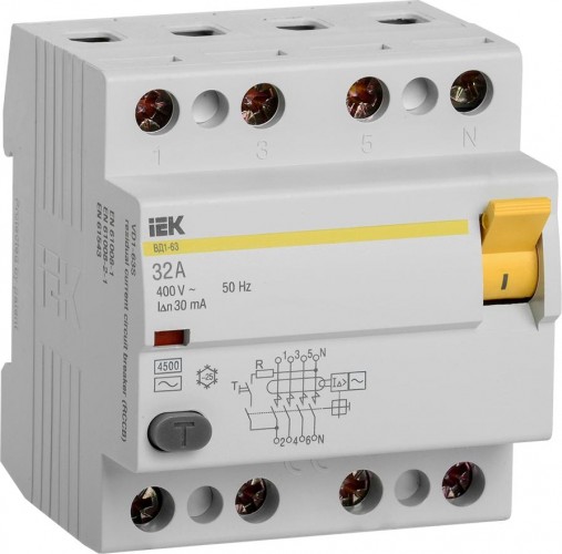Выключатель дифференциальный (УЗО) IEK ВД1-63 4п 32а 30ма тип ac MDV10-4-032-030