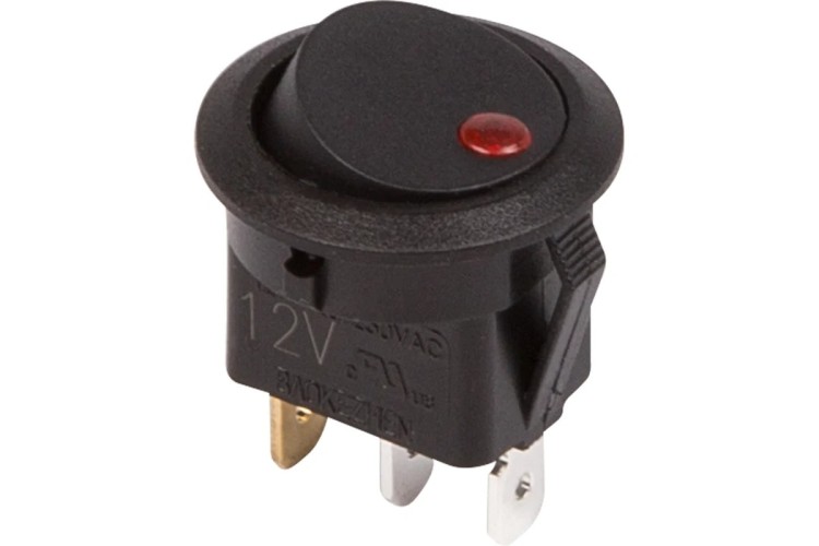 Выключатель клавишный круглый REXANT 12V 20А (3с) ON-OFF ( уп.10 штук ) черный с красной подсвет. (RWB-215, MIRS-101Е-8С/D 36-2580