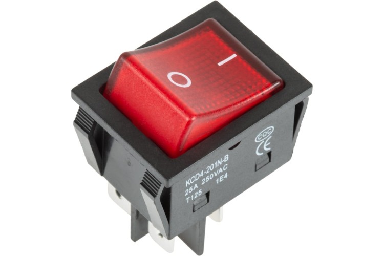 Выключатель клавишный REXANT 250V 25A (4с) ON-OFF ( уп.10 штук ) красный с подсветкой (RWB-502) 36-2343