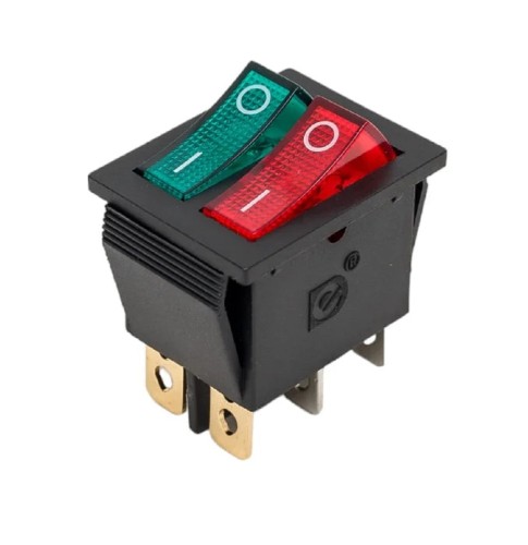 Выключатель клавишный REXANT 250V 15A (6с) ON-OFF ( уп.10 штук ) красный/зеленый с подсветкой ДВОЙНОЙ (RWB-511) 36-2450