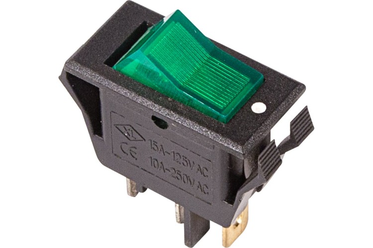 Выключатель клавишный REXANT 250V 15А (3с) ON-OFF ( уп.10 штук ) зеленый с подсветкой (RWB-413, SC-788) 36-2226