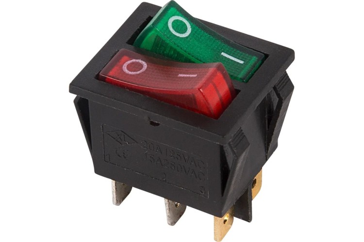 Выключатель клавишный REXANT 250V 15A (6с) ON-OFF ( уп.10 штук ) красный/зеленый с подсветкой ДВОЙНОЙ (RWB-511) 36-2450 - изображение 2