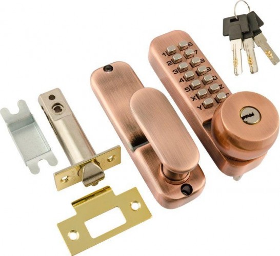 Замок накладной кодовый НОРА-М 370 с блокир. автозапир. и цилиндром "Старая медь" 7338
