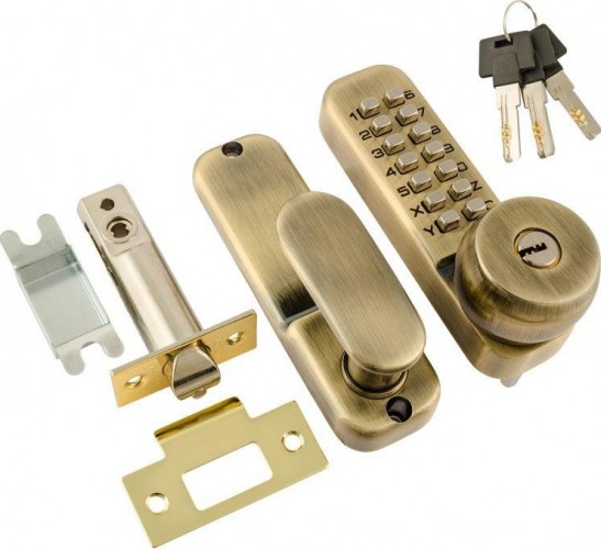 Замок накладной кодовый НОРА-М 370 с блокир. автозапир. и цилиндром "Старая бронза" 7335