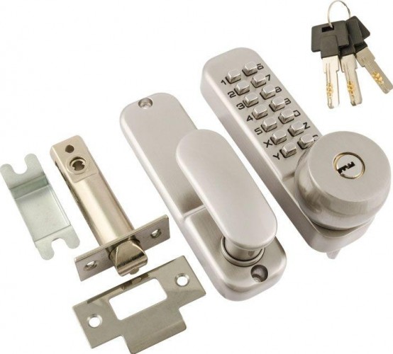 Замок накладной кодовый НОРА-М 370 с блокир. автозапир. и цилиндром "Матовый хром" 7333