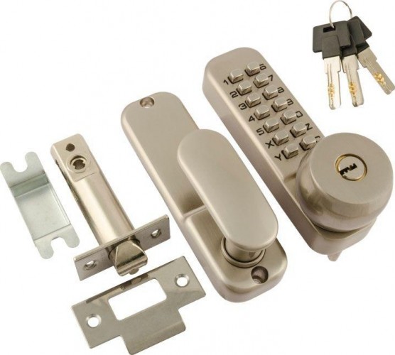 Замок накладной кодовый НОРА-М 370 с блокир. автозапир. и цилиндром "Матовый никель" 7339
