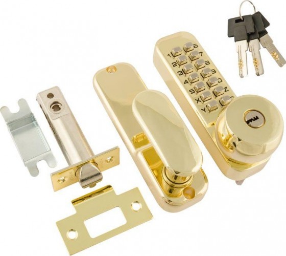 Замок накладной кодовый НОРА-М 370 с блокир. автозапир. и цилиндром "Золото" 7334
