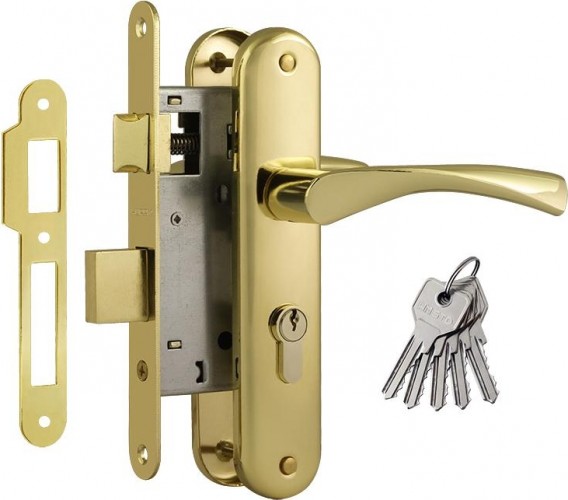 Замок врезной НОРА-М 100-55 цилиндровый комплект с ручками "Золото" 16914