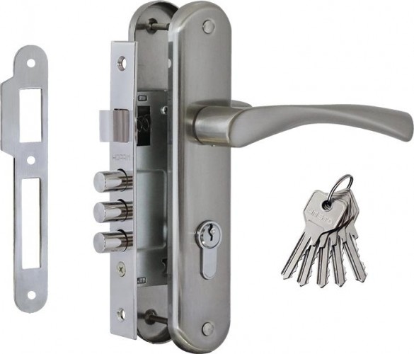 Замок врезной НОРА-М 100-62 цилиндровый комплект с ручками "Матовый хром/Хром" 17016