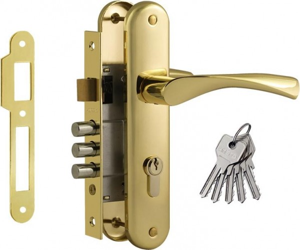 Замок врезной НОРА-М 100-62 цилиндровый комплект с ручками "Золото" 17015