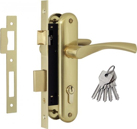 Замок врезной НОРА-М 100-70 Л цилиндровый комплект с ручками "Матовое золото" 9244