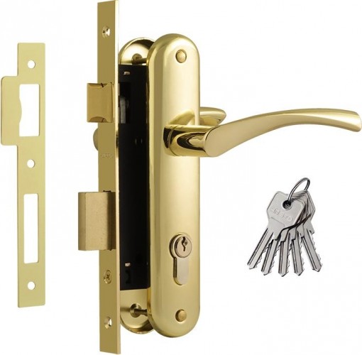 Замок врезной НОРА-М 100-70 Л цилиндровый комплект с ручками "Золото" 8245