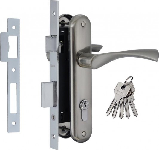 Замок врезной НОРА-М 100-70 Л цилиндровый комплект с ручками "Матовый хром" 9248