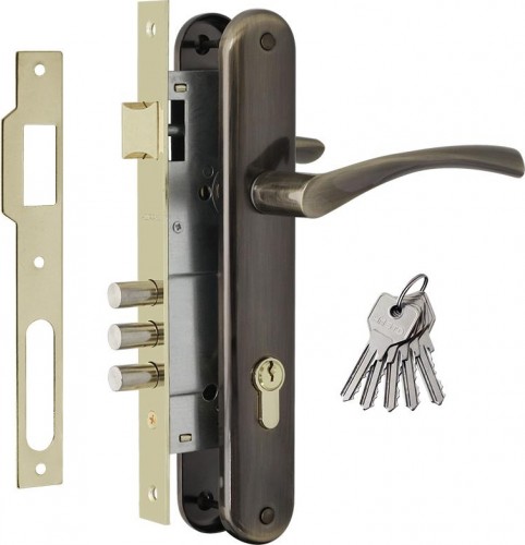 Замок врезной НОРА-М 100-85 М цилиндровый комплект с ручками "Старая бронза" 8314
