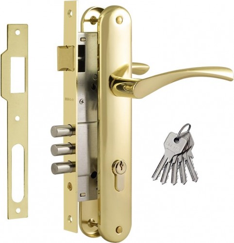 Замок врезной НОРА-М 100-85 М цилиндровый комплект с ручками "Золото" 8225