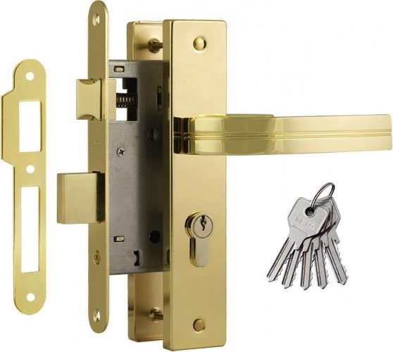 Замок врезной НОРА-М 106-55 цилиндровый комплект с ручками "Золото" 16918