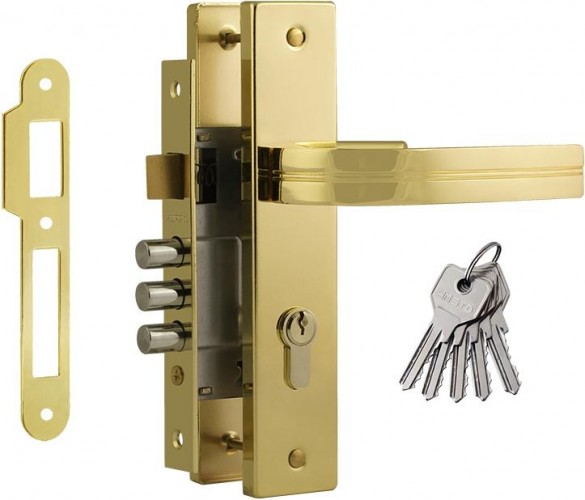 Замок врезной НОРА-М 106-62 цилиндровый комплект с ручками "Золото" 17018