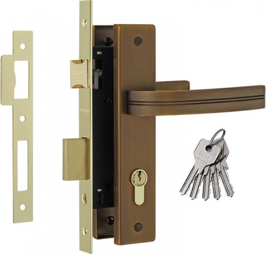 Замок врезной НОРА-М 106-70 цилиндровый комплект с ручками "Матовый кофе" 17092