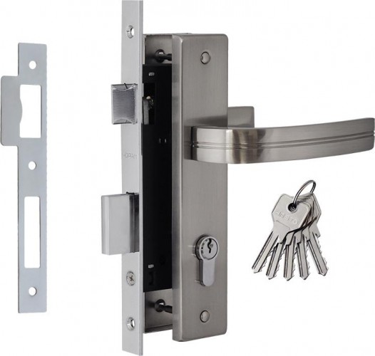 Замок врезной НОРА-М 106-70 цилиндровый комплект с ручками "Матовый никель" 17026