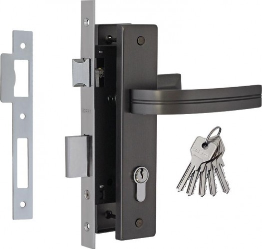 Замок врезной НОРА-М 106-70 цилиндровый комплект с ручками "Графит" 17056