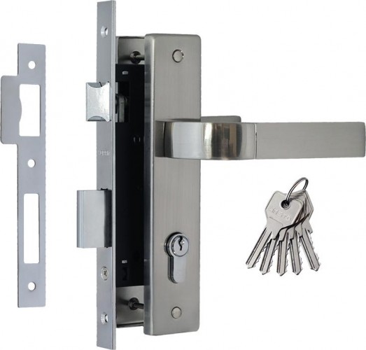 Замок врезной НОРА-М 107-70 Л цилиндровый комплект с ручками "Матовый никель" 16140