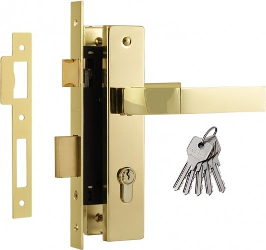 Замок врезной НОРА-М 107-70 Л цилиндровый комплект с ручками "Золото" 16261