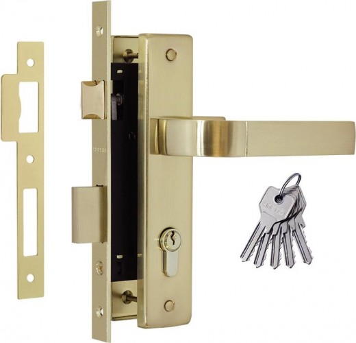 Замок врезной НОРА-М 107-70 Л цилиндровый комплект с ручками "Матовое золото" 16394