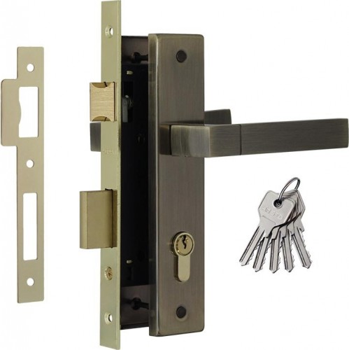 Замок врезной НОРА-М 109-70 Л цилиндровый комплект с ручками "Старая бронза" 16199