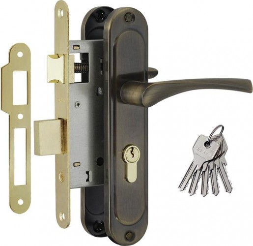 Замок врезной НОРА-М 710-55 цилиндровый комплект с ручками "Старая бронза" 16977