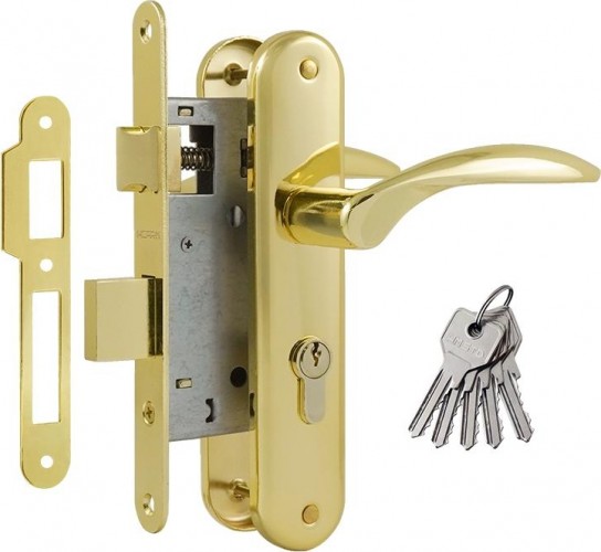 Замок врезной НОРА-М 94-55 цилиндровый комплект с ручками "Золото" 16910