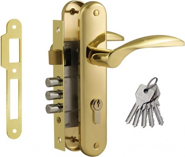 Замок врезной НОРА-М 94-62 цилиндровый комплект с ручками "Золото" 16925