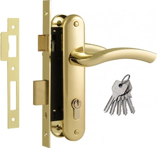 Замок врезной НОРА-М 96-70 Л цилиндровый комплект с ручками "Золото" 11493