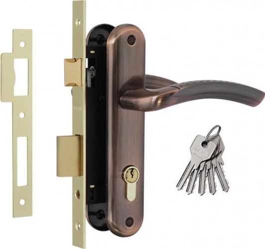 Замок врезной НОРА-М 96-70 Л цилиндровый комплект с ручками "Старая медь" 11872