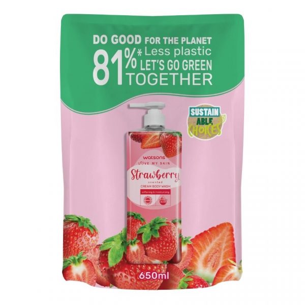 Watsons «Любовь к коже», крем-гель для душа со вкусом клубники, объём 650 мл (запасной флакон) - Watsons Love My Skin Strawberry Scented Cream Body Wash 650ml.(Refill)