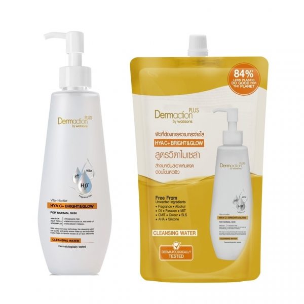 Dermaction Plus от Watsons Vita-Micellar Hya C+ Bright Glow Cleansing Water 250 мл + 500 мл (сменная упаковка) - Dermaction Plus By Watsons Vita-Micellar Hya C+ Bright Glow Cleansing Water 250ml+500ml(Refill)