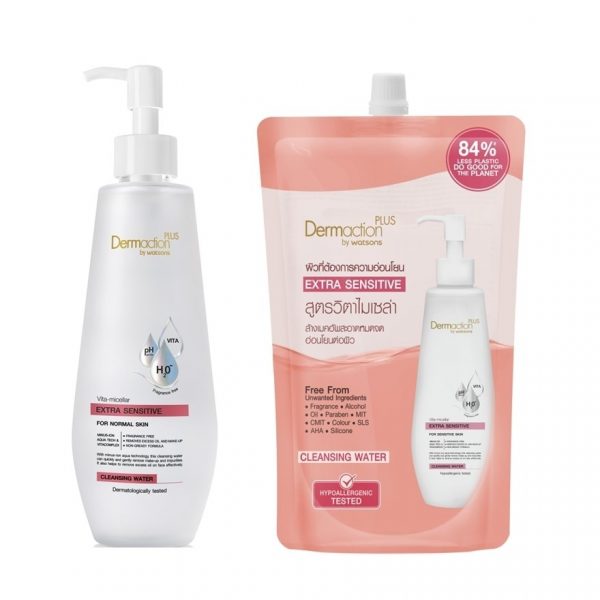 Dermaction Plus от Watsons Vita-Micellar Очищающая вода для чувствительной кожи 250 мл + 500 мл (сменный блок) - Dermaction Plus By Watsons Vita-Micellar Extra Sensitive Cleansing Water 250ml+500ml(Refill)