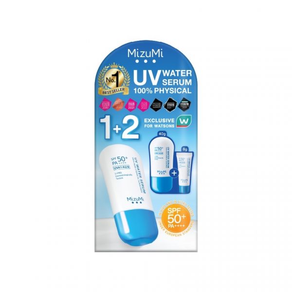 Набор эксклюзивной сыворотки Mizumi Watsons от ультрафиолета (водная формула) SPF50+ PA++++ — 40 мл × 2 шт., плюс дополнительная упаковка 8 мл. - Mizumi Exclusive Set Watsons UV Water Serum SPF50+ PA++++ 40ml.x2 + 8 ml.