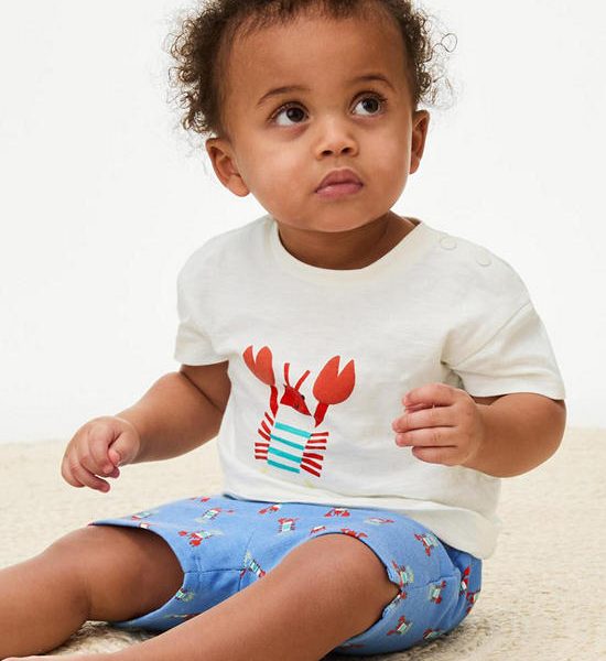 MARKS & SPENCER KIDS Boy Toddler T-shirt & Short Set Cotton Rich Lobster Blue Mix. 100% оригинал
