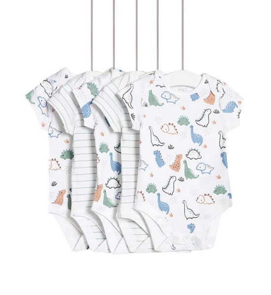 MARKS & SPENCER KIDS Boy Toddler Bodysuits Pure Cotton Dinosaur 5 pk Ivory Mix. 100% оригинал