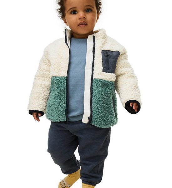 MARKS & SPENCER KIDS Boy Toddler Jacket Borg Colour Block Zip Navy Mix. 100% оригинал