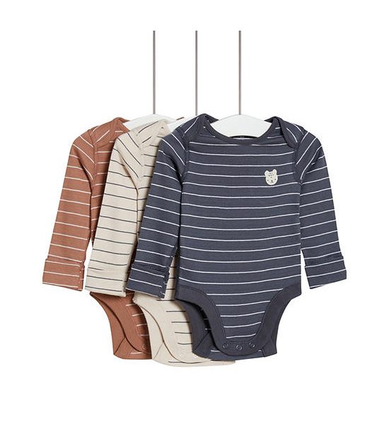 MARKS & SPENCER KIDS Boy Toddler Bodysuits Pure Cotton Striped & Bear Bodysuits 3 Pk Carbon. 100% оригинал