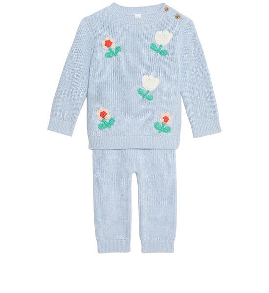 MARKS & SPENCER KIDS Girl Toddler Outfit Pure Cotton Knitted Floral 2 Pc Blue. 100% оригинал