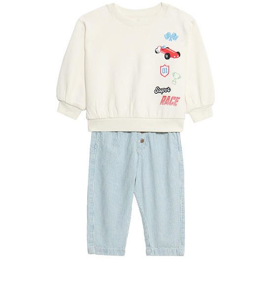 MARKS & SPENCER KIDS Boy Toddler Outfit Cotton Rich Striped Top & Bottom Cream Mix. 100% оригинал