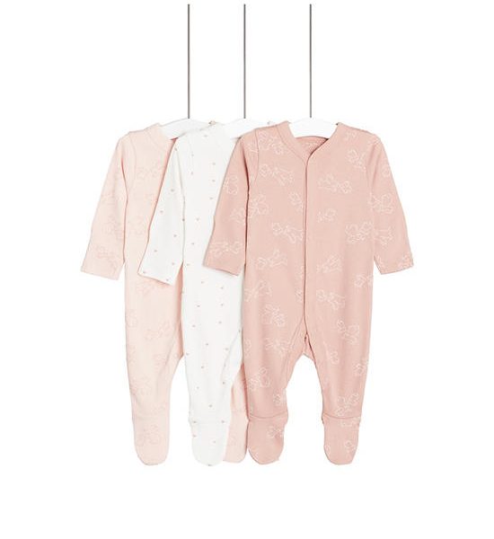 MARKS & SPENCER KIDS Girl Toddler Sleepsuits Pure Cotton Bunny & Heart 3 Pk Pink Mix. 100% оригинал