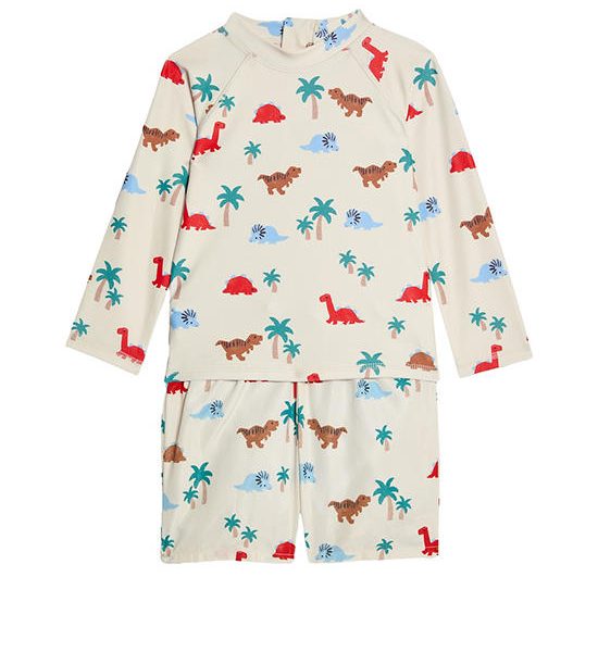 MARKS & SPENCER KIDS Boy Toddler Swim Set Dinosaur Rash Vest 2 Pc Ecru Mix. 100% оригинал