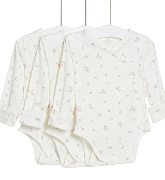 MARKS & SPENCER KIDS Unisex Toddler Bodysuits Pure Cotton Floral 3 Pk Cream Mix. 100% оригинал