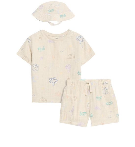 MARKS & SPENCER KIDS Boy Toddler Shorts with Hat Outfit Print 3 pcs Ecru. 100% оригинал
